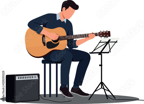 A man playing an acoustic guitar while seated on a stool, showcasing minimal design in vector art