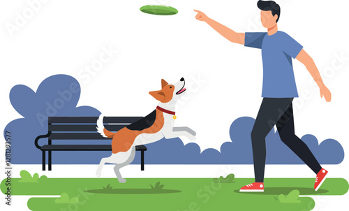 A man playfully throwing a frisbee to his excited dog in a park setting, flat vector illustration