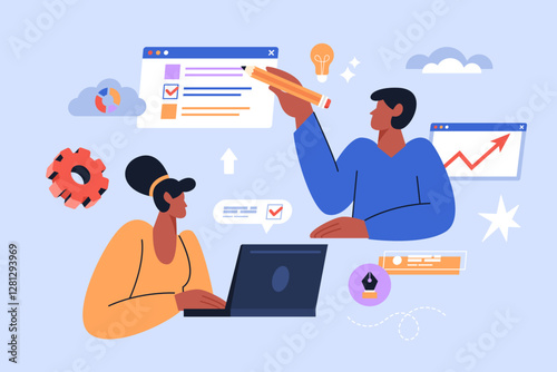 New start up project business concept. Modern vector illustration of people searching for business idea, market research and branding