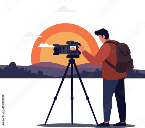 Photographer capturing a stunning sunset with a camera on a tripod in a flat vector art style