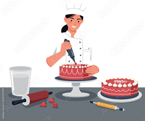 Baker decorating two delicious cakes with frosting in a bright kitchen, featuring flat design vector art