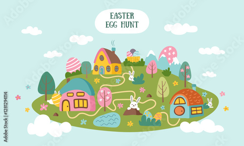 Easter egg hunt map background with lawn, houses, hidden bunnies and eggs. Easter concept cute banner. Flat hand drawn vector illustration.