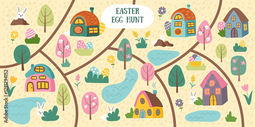 Easter egg hunt map banner. Easter concept background with houses, garden, paths, hidden bunnies and eggs. Flat hand drawn vector illustration.