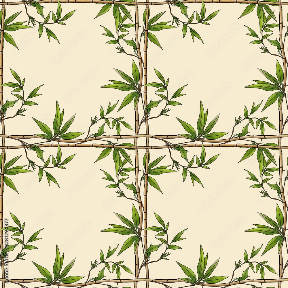Fototapeta premium Seamless Pattern Bamboo Frame with Green Leaves Small Design on Pastel Yellow Background