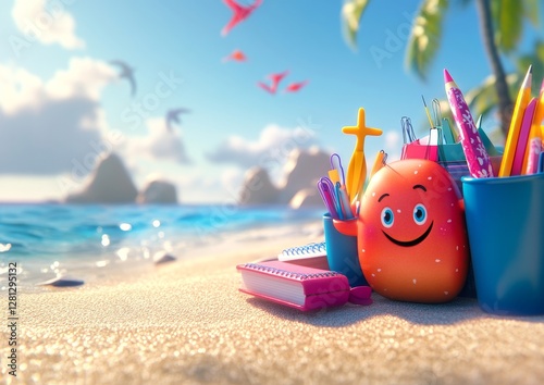 Bright Sunny Beach Scene With School Supplies, Cheerful Decoration, and a Starfish on Soft Sand Near Blue Ocean Waves in Daylight