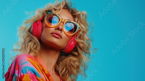 Closeup of blonde woman with curly hair, wearing colorful and large sunglasses with red headphones on her head against blue background with copy space. 80s style fashion concept. Retro theme.