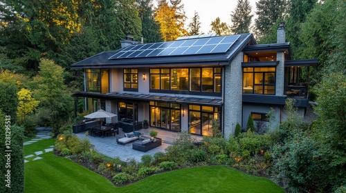 Modern House With Large Windows Showcasing Warm Interior Lighting During Early Evening in a Lush Garden Setting
