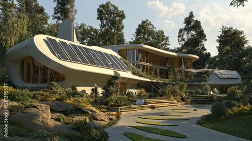 Modern House With Large Windows Showcasing Warm Interior Lighting During Early Evening in a Lush Garden Setting