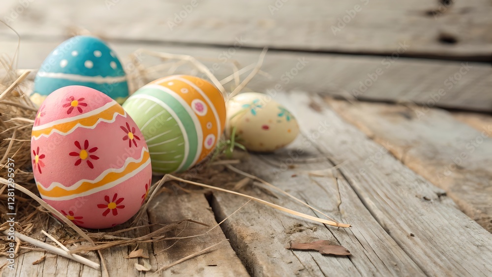 Rustic Easter Eggs Nestled in Hay on Wooden Background