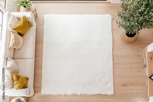 Cozy minimalist living room with soft white rug and green plants. Rug mockup