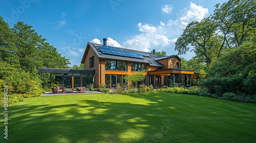 Modern Eco-Friendly House With Solar Panels Surrounded by Lush Greenery on a Sunny Day Showcasing Sustainable Living in a Serene Environment