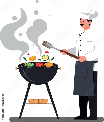 Chef grilling colorful vegetables and meats on a barbecue grill in a flat vector art style