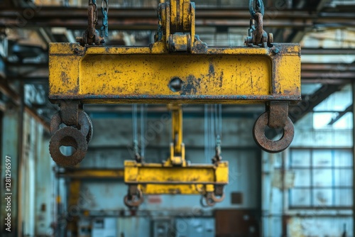 Overhead Crane Carrying Cargo in Engineering Plant Shop. Yellow Jib Crab Trolley with Hooks and Linear Traverse photo