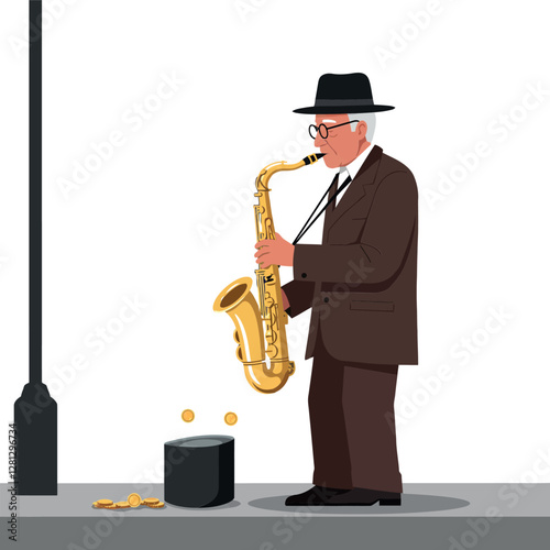 A talented elderly man playing a saxophone in a city street, wearing a suit and hat, flat vector art
