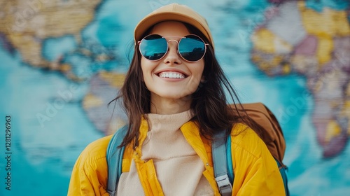 Smiling Traveler Wearing Sunglasses and a Yellow Jacket Poses in Front of a Colorful World Map During an Outdoor Adventure