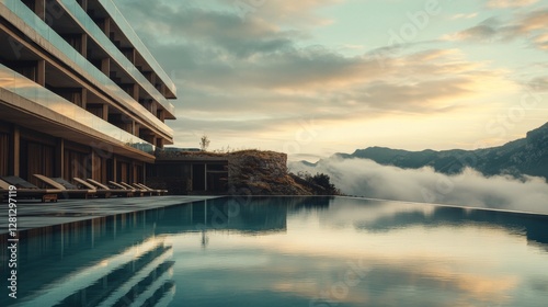 Luxurious Modern Resort With Infinity Pool Surrounded by Mountains and Clouds at Sunset