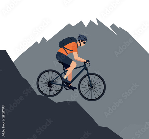 A cyclist in an orange shirt navigating a steep mountain trail in flat vector art style, showcasing adventure and determination in the scene