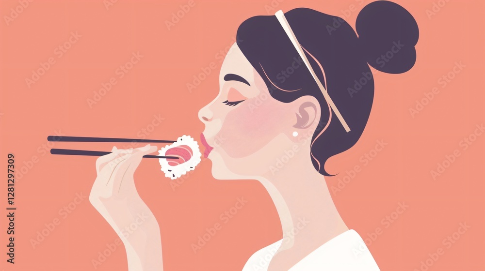 Woman Enjoying Delicious Sushi Dining Dining Room Woman Enjoying Delicious Sushi Dining Dining Room