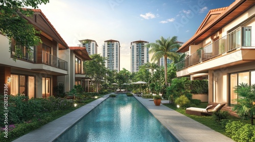Luxurious Resort Featuring Villas and a Tranquil Pool Surrounded by Lush Greenery and Modern High-Rises in a Vibrant Urban Setting During Daytime