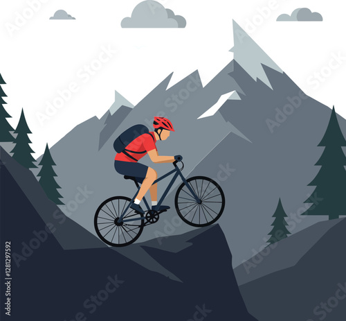 A mountain biker in a red helmet and jersey navigating a steep rocky trail amidst towering pine trees in a minimal vector illustration