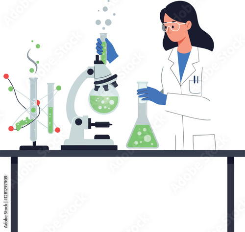 Scientist in a white lab coat conducting experiments with a microscope and beakers in a minimal vector illustration