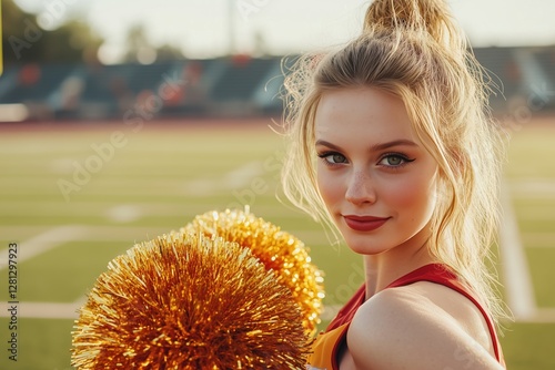 Portrait of attractive blonde cheerleader holding her gold pom poms on the football field, wearing red and yellow attire, banner with copy space.