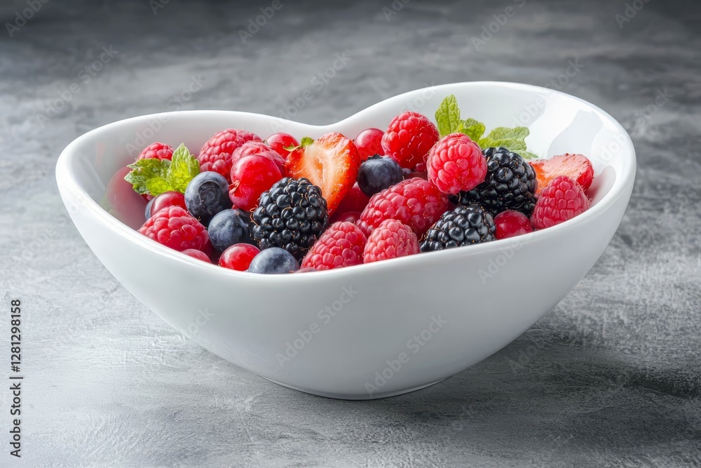 Heart-shaped bowl filled with fresh berries, copy space. Heart-shaped bowl filled with fresh berries, copy space.
