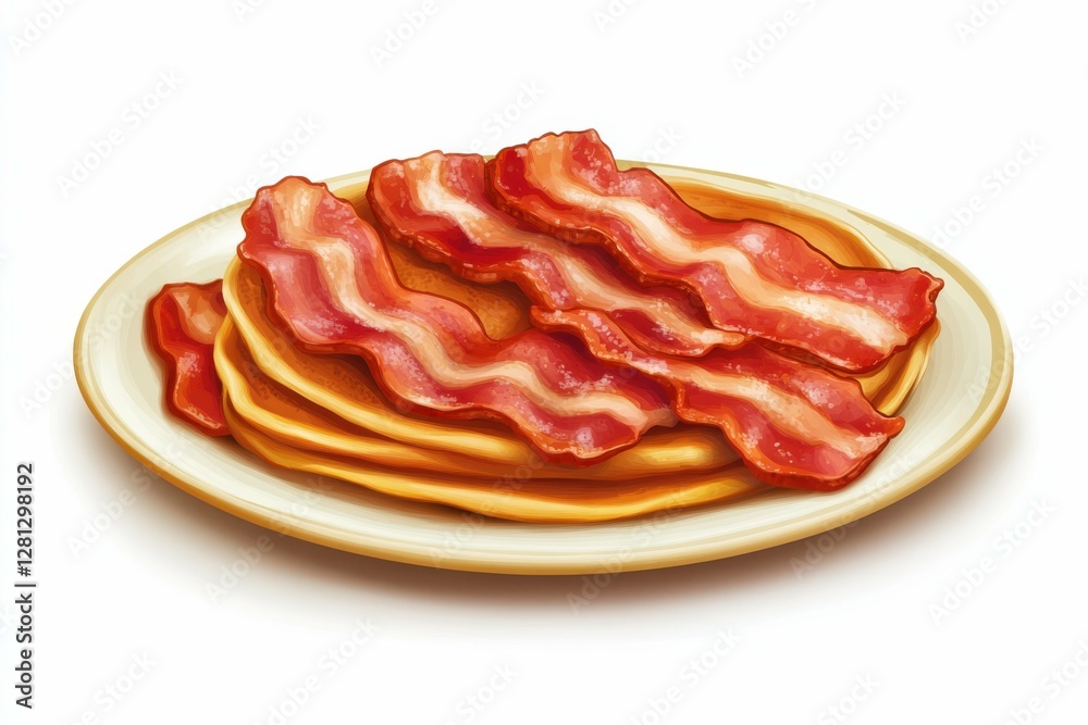 Pancakes And Bacon. Delicious Breakfast with Crispy Bacon on White Plate Pancakes And Bacon. Delicious Breakfast with Crispy Bacon on White Plate