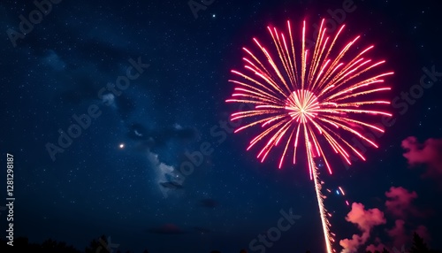 Bright fireworks in the night sky for 4th of July or celebratory seasonal designs, symbolizing celebration and freedom