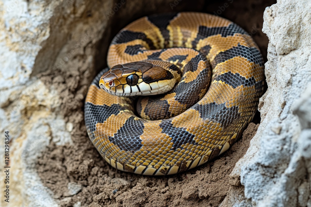 Obraz premium detailed shot of snake curled inside its hibernation den surrounded by earthy textures with composition leaving ample