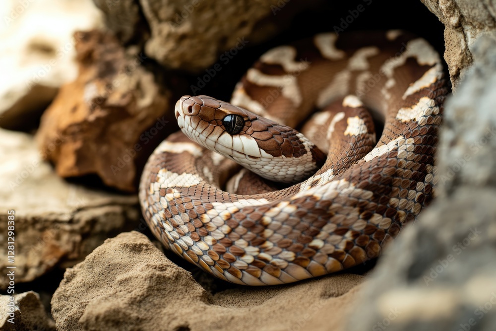 detailed shot of snake curled inside its hibernation den surrounded by earthy textures with composition leaving ample detailed shot of snake curled inside its hibernation den surrounded by earthy textures with composition leaving ample