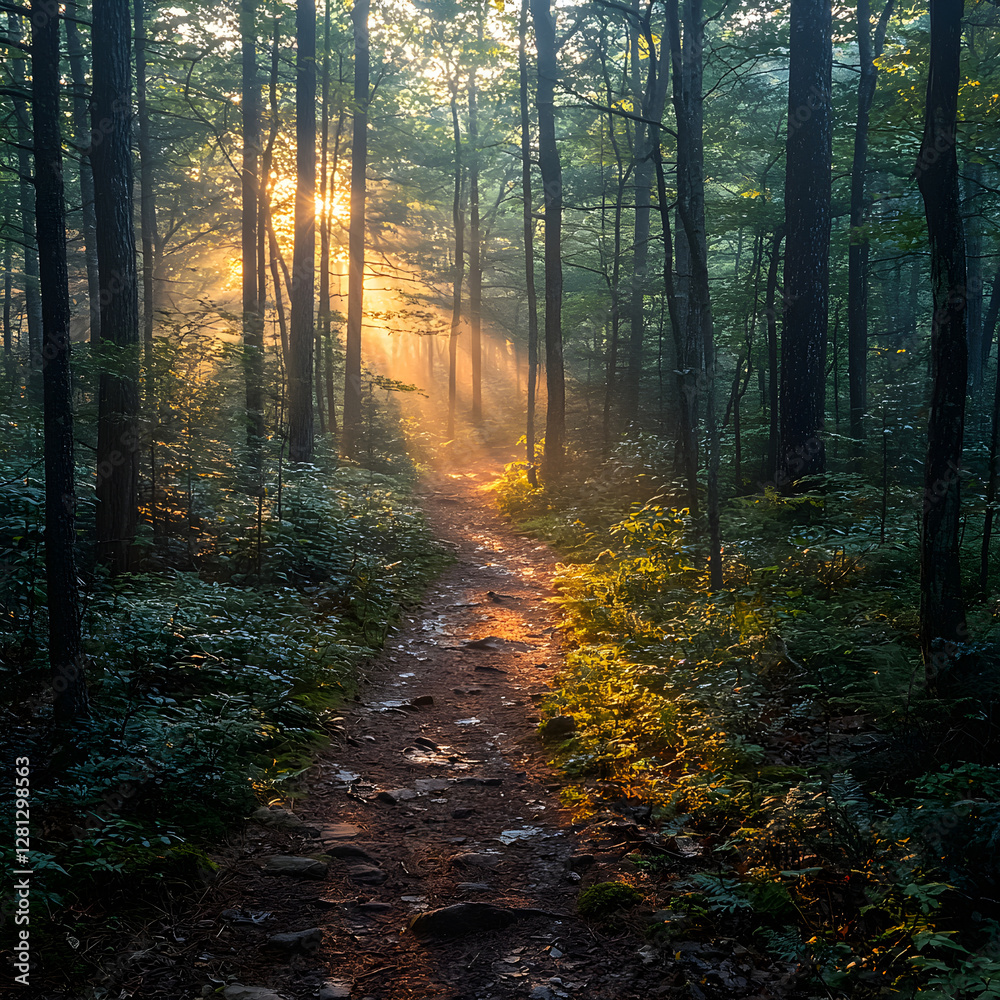 Obraz premium Sunbeams illuminating hiking trail in misty forest at dawn