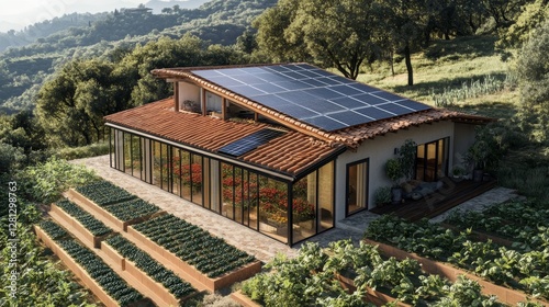 Modern Sustainable House With Solar Panels Surrounded by Lush Gardens on a Hillside During Sunny Daylight