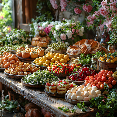 Ostara feast showing abundance of colorful spring food on rustic wooden table