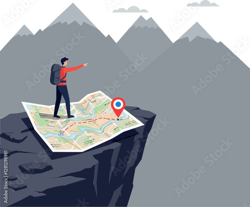 A hiker standing on a rocky cliff while pointing at a detailed map in flat vector art