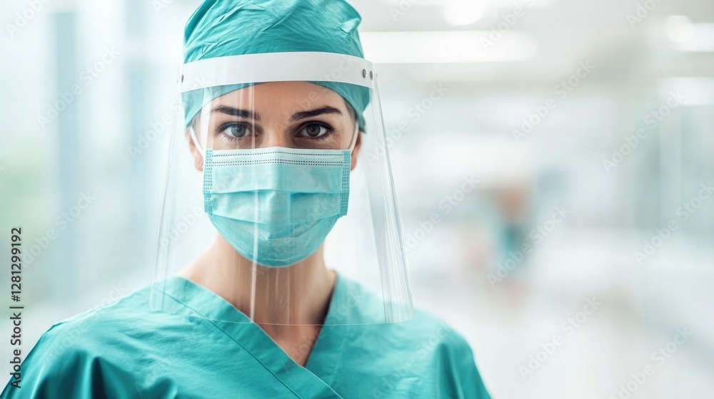 healthcare worker in scrubs face partially visible behind protective mask exudes empathy and professionalism in well-lit healthcare worker in scrubs face partially visible behind protective mask exudes empathy and professionalism in well-lit
