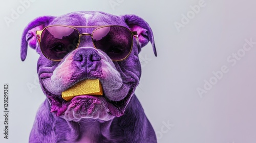 Unique Purple Dog Wearing Sunglasses Holds a Sponge in Its Mouth, Showcasing an Amusing and Playful Expression in a Bright Setting