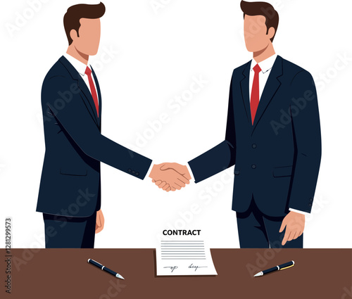 Two business professionals shaking hands over a contract on a wooden table in a minimal and professional vector illustration