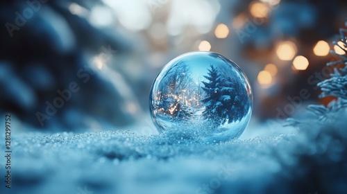 Snowy Landscape With Crystal Orb Reflecting Trees and Warm Sunlight in the Background During a Winter Afternoon