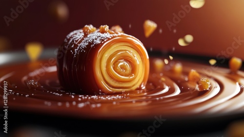 Caramel roll with swirls of golden color, surrounded by amber liquid sauce and scattered caramel pieces. The background is dark brown in tone, creating atmosphere of luxury. Rich Decadence concept.