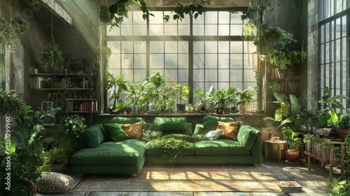 Cozy Green Living Room Filled With Sunlight and Lush Plants During a Bright Afternoon