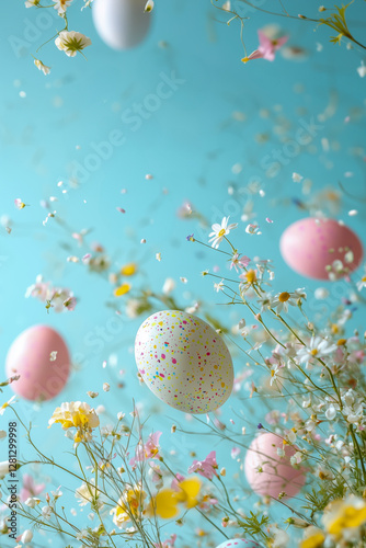 Easter eggs floating with meadow flowers against pastel blue background.