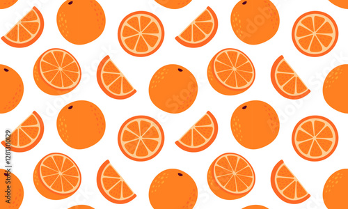 Orange seamless pattern. Citrus fruits background design. Collection of organic vitamins and healthy nutrition. Flat Vector illustration