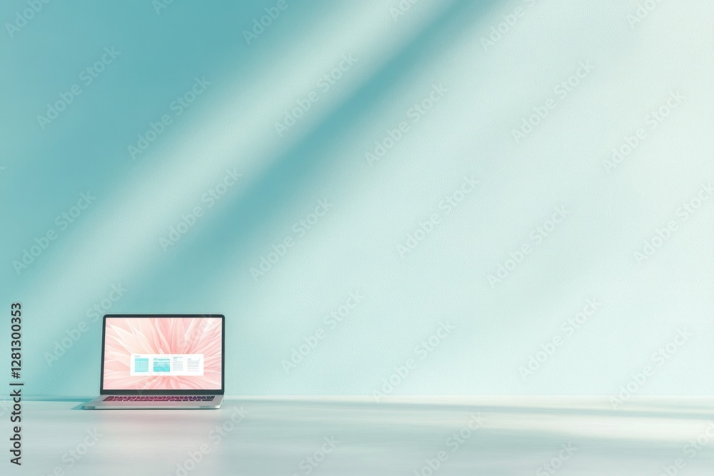 modern office setting with laptop displaying digital transformation graphics on screen surrounded by clean and organized modern office setting with laptop displaying digital transformation graphics on screen surrounded by clean and organized