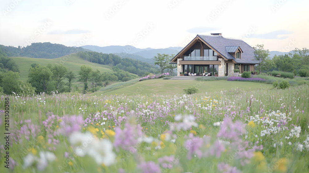 Modern house, hilltop meadow, sunset view, peaceful landscape, real estate Modern house, hilltop meadow, sunset view, peaceful landscape, real estate