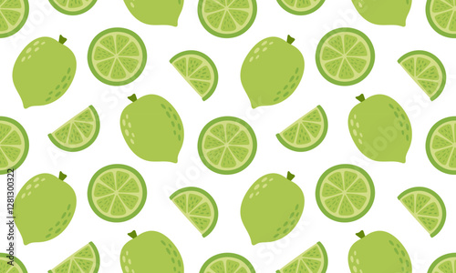 Lime seamless pattern. Citrus fruits background design. Collection of organic vitamins and healthy nutrition. Flat Vector illustration