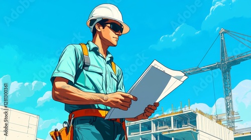 Construction Worker Reviewing Building Plans at a Construction Site Under a Clear Blue Sky in the Afternoon
