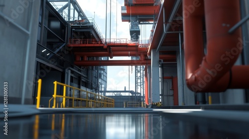 Industrial Facility Showcasing Pipes and Walkways in a Well-Lit Environment With Modern Architecture During Daylight Hours