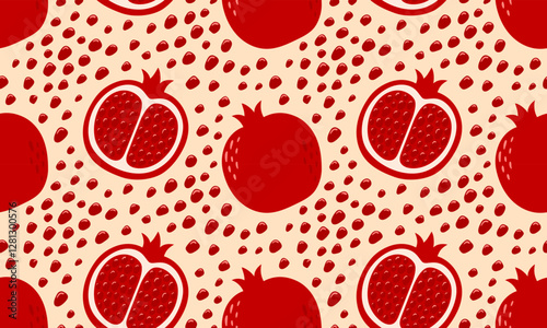 Pomegranate seamless pattern. Half and whole fruits, berries, seeds background design. Collection of organic vitamins and healthy nutrition. Flat Vector illustration