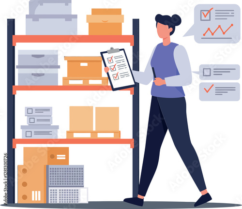 A woman checking inventory on a clipboard while standing beside organized shelves in a modern flat vector illustration